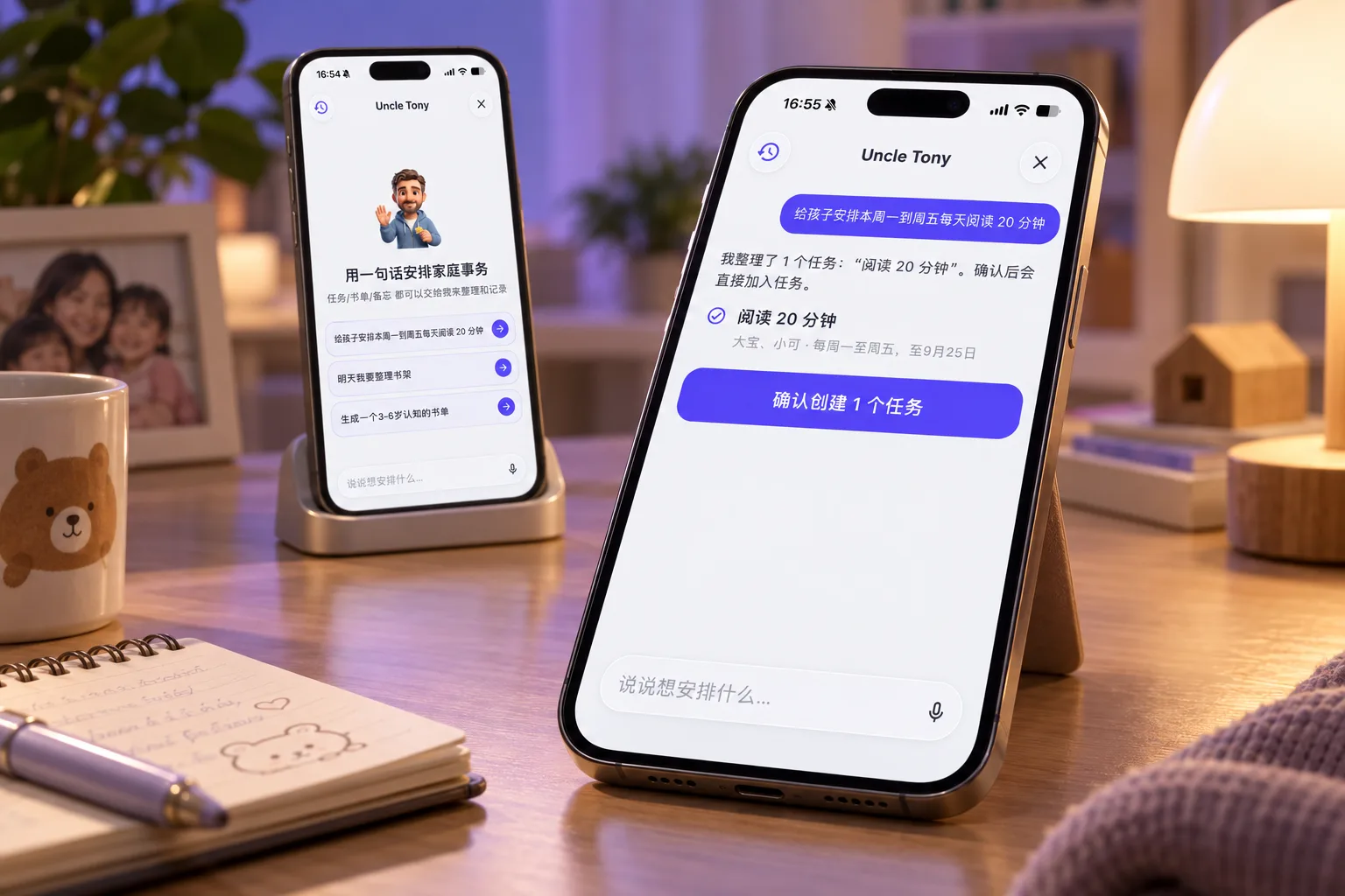 两部手机展示 Uncle Tony AI 助手和任务确认
