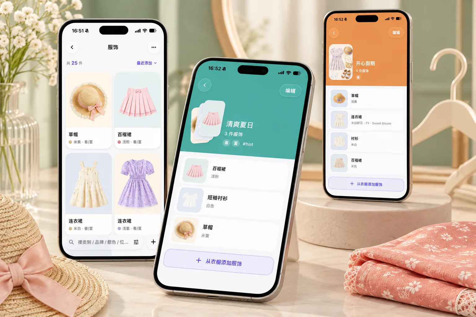 三部手机展示家庭衣橱、服饰集合和套装详情