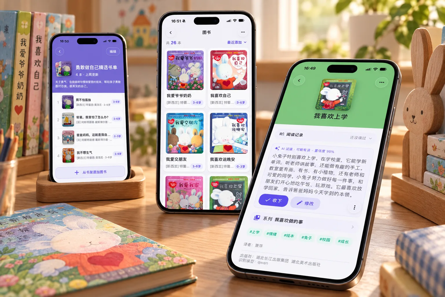 三部手机展示家庭图书、书单和阅读记录